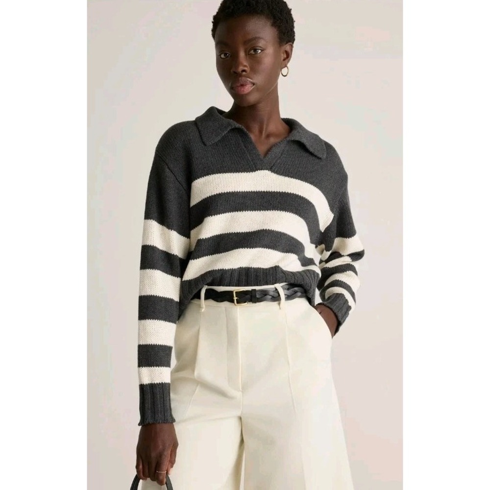 Quince XL Organic Cotton Cropped Polo Sweater Charcoal Striped Chunky LB77303